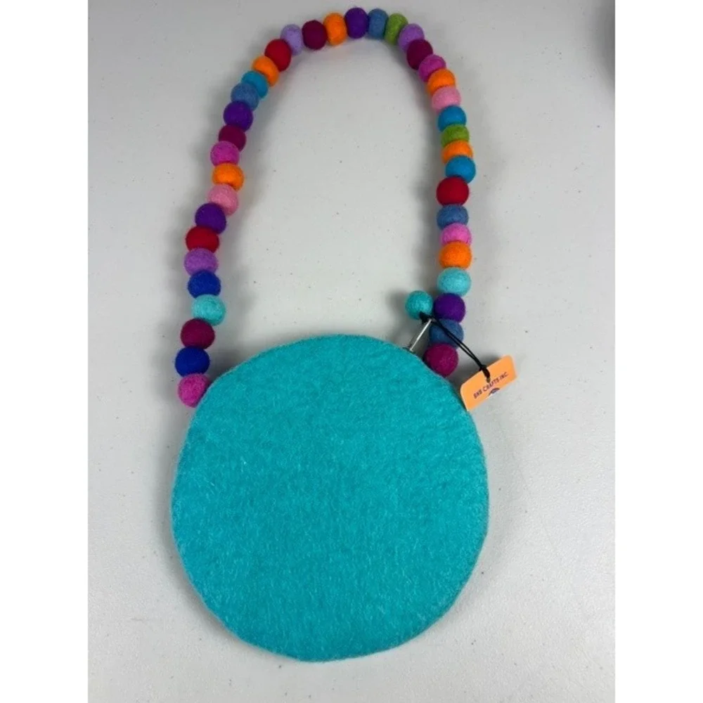 BNB‎ Crafts Inc Rainbow Felt Wool Crossbody Bag Handmade Nepal Pom Pom Strap NEW